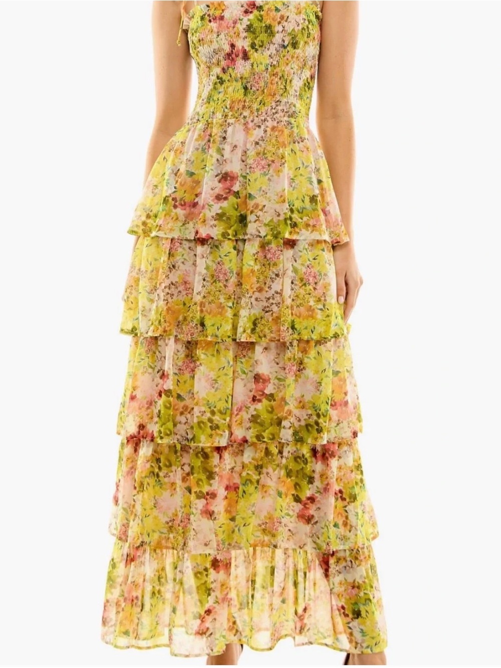 Nordstrom Yellow Floral Tiered Maxi Dress with Pink & Green Accents